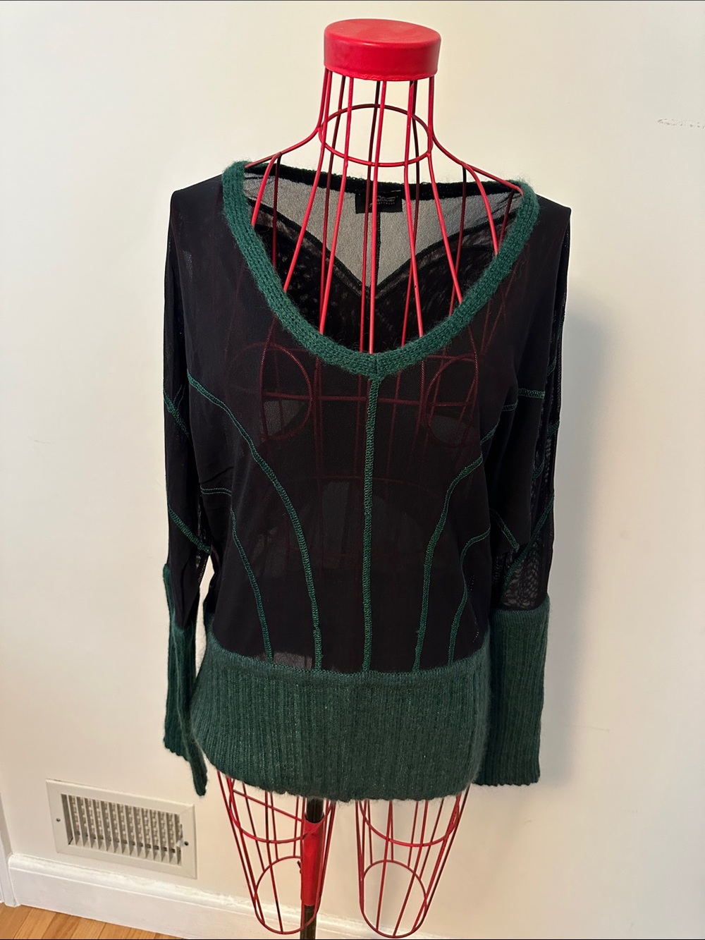 Sheer Black V-Neck Sweater with Dark Green Trim